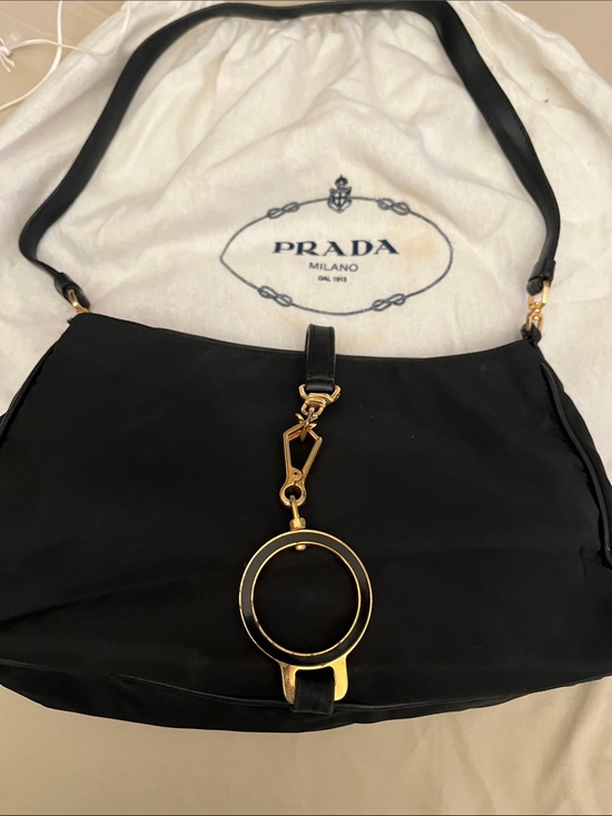 Prada Handbags - Prada Black Nylon Shoulder Bag with Gold Circle Hook